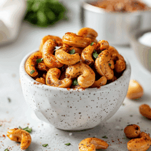 Krokante, hartige geroosterde cashewnoten, bestrooid met gerookte paprika en fijngehakte kruiden. De cashewnoten zijn goudbruin geroosterd en geven een warme, uitnodigende uitstraling.