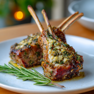 Paleo kruiden geroosterd lamsrack op een houten snijplank met verse rozemarijn en knoflook