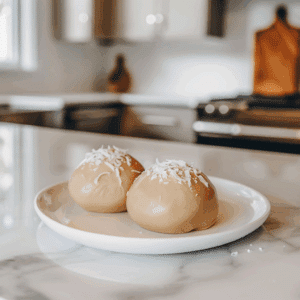 Paleo notenboter vetbommetjes gemaakt van amandelboter en kokosolie, romige snackballetjes met geraspte kokos als topping, perfect voor een gezonde energiekick.