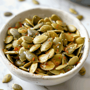 Geroosterde pompoenpitten met gerookte paprika, zeezout en kruiden, een knapperige en smaakvolle paleo snack boordevol gezonde vetten en natuurlijke crunch.