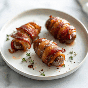 Spek omwikkelde dadels, bestrooid met zeezout en vers gemalen peper, omringd door takjes verse tijm. De dadels hebben een krokante speklaag en zijn glanzend, met een perfecte balans tussen zoet en zout.