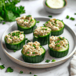 Tonijn gevulde komkommerbakjes met romige tonijnvulling, gegarneerd met verse bieslook en een beetje zwarte peper.