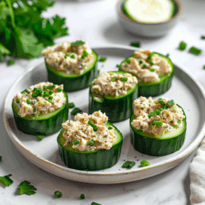 Tonijn gevulde komkommerbakjes met romige tonijnvulling, gegarneerd met verse bieslook en een beetje zwarte peper.