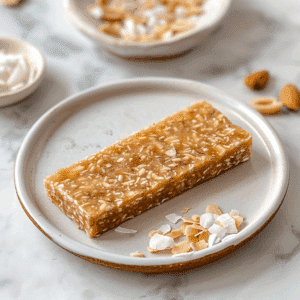 Paleo Zelfgemaakte Kokos Energie Repen, gemaakt van kokos, noten en dadels, met een zachte, taaie textuur en omringd door geschaafde kokosvlokken en amandelen. Perfect voor een gezonde snack of energieboost.