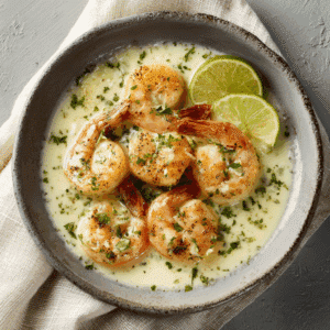 Garnalen in een romige kokos-limoensaus geserveerd in een kom met verse kruiden