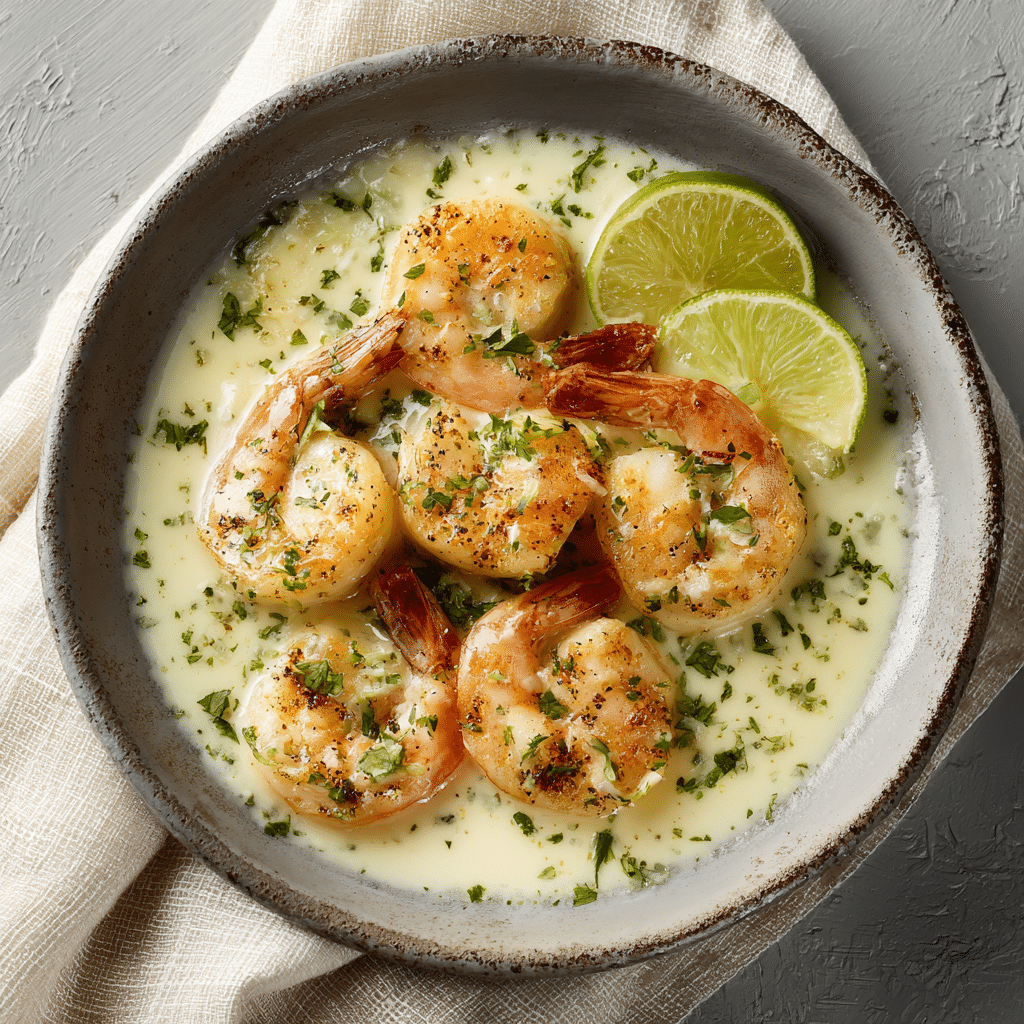 Garnalen in een romige kokos-limoensaus geserveerd in een kom met verse kruiden