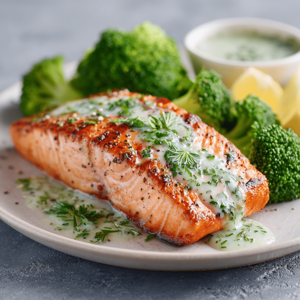 Gegrilde zalm geserveerd met een romige dragon-dressing en verse kruiden op een bord