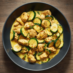 Paleo roerbak van kalkoenstukjes met courgette en romige kokosmelk, geserveerd als gezonde eiwitrijke maaltijd, gemaakt met verse ingrediënten in een Nederlandse keuken.