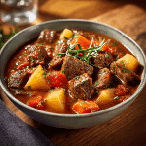 Paleo rundstoofpot met malse rundvleesblokjes, pastinaak en groenten in een diepe kom