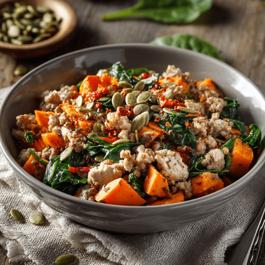 Paleo zoete-aardappel bowl met kalkoen