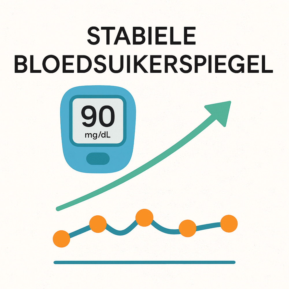 Illustratie van een stabiele bloedsuikerspiegel met glucosemeter pijl en vlakke grafiek