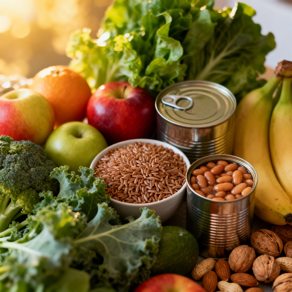 Assortiment van verse groenten, fruit, noten, peulvruchten en granen, waaronder appels, broccoli, bananen, boerenkool, bonen in blik en zaden, uitgestald op een tafel.