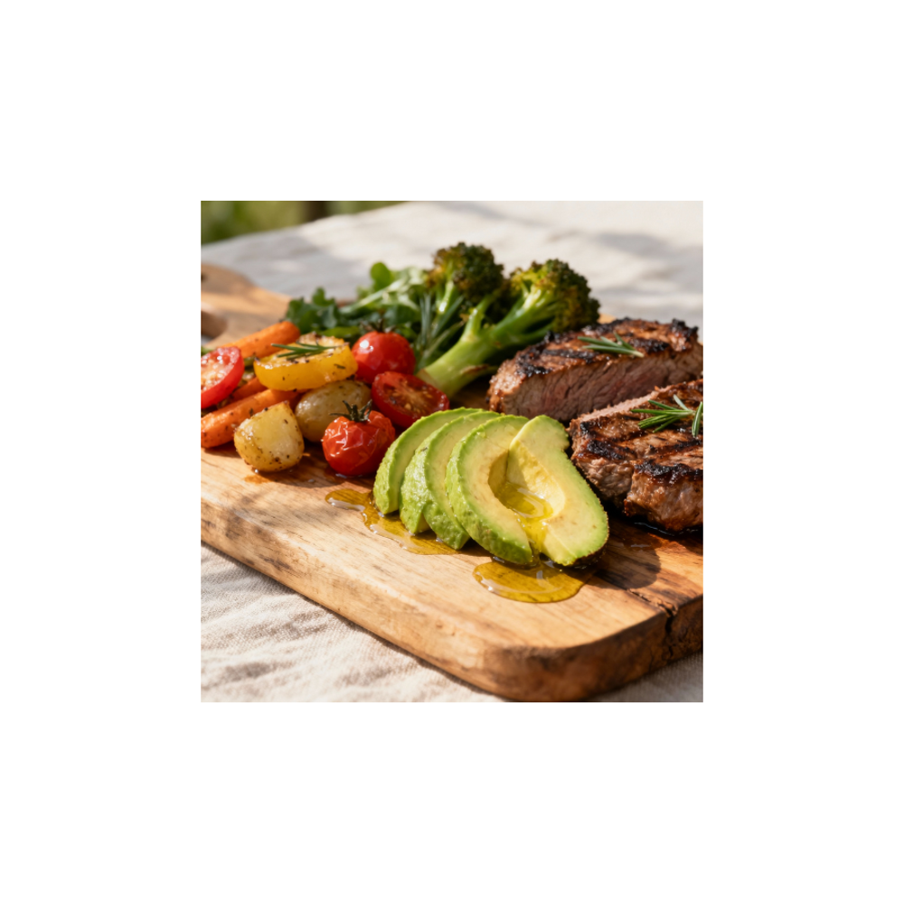 Een verse paleo maaltijd met gegrild vlees, geroosterde groenten, broccoli en avocado met olijfolie op een houten plank. De foto laat een gezonde en natuurlijke paleo stijl van eten zien.