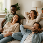 Mensen die ontspannen samen op de bank zitten in een rustige woonkamer