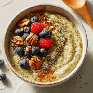 Romige keto avocado hemp porridge in een kom, gegarneerd met blauwe bessen, frambozen, pecannoten en zaden, gezonde koolhydraatarme ontbijtoptie met groene smoothie achtige textuur, gefotografeerd van bovenaf in natuurlijk licht