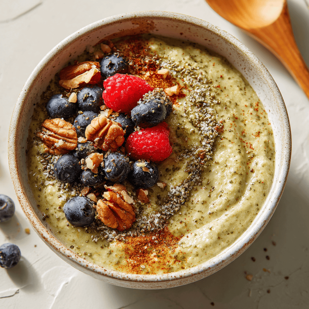 Romige keto avocado hemp porridge in een kom, gegarneerd met blauwe bessen, frambozen, pecannoten en zaden, gezonde koolhydraatarme ontbijtoptie met groene smoothie achtige textuur, gefotografeerd van bovenaf in natuurlijk licht