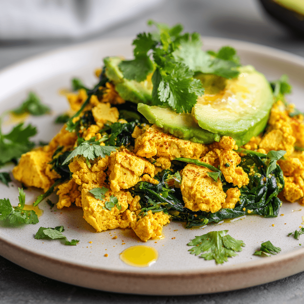 Keto spinazie kurkuma scramble op een bord, plantaardige eiwitrijke roerei stijl maaltijd met tofu spinazie verse kruiden en avocado, gezond koolhydraatarm ontbijt of lunch met goudgele kleur door kurkuma gefotografeerd in natuurlijk licht