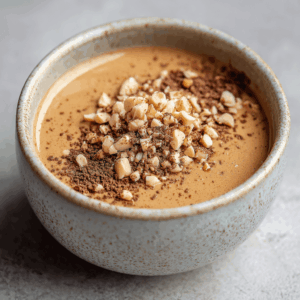 Keto macadamia espresso ontbijtcrème in een keramische kom, romige koolhydraatarme crème met koffiesmaak gegarneerd met gehakte macadamianoten en cacaopoeder, luxe keto ontbijt met fluweelzachte textuur gefotografeerd van bovenaf in natuurlijk licht