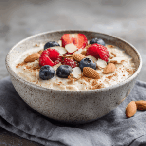 Keto kokos amandel havermout zonder haver in een keramische kom, romige koolhydraatarme ontbijtkom gegarneerd met blauwe bessen frambozen amandelen kokosvlokken en kaneel, gezond keto ontbijt met zachte papstructuur gefotografeerd in natuurlijk licht