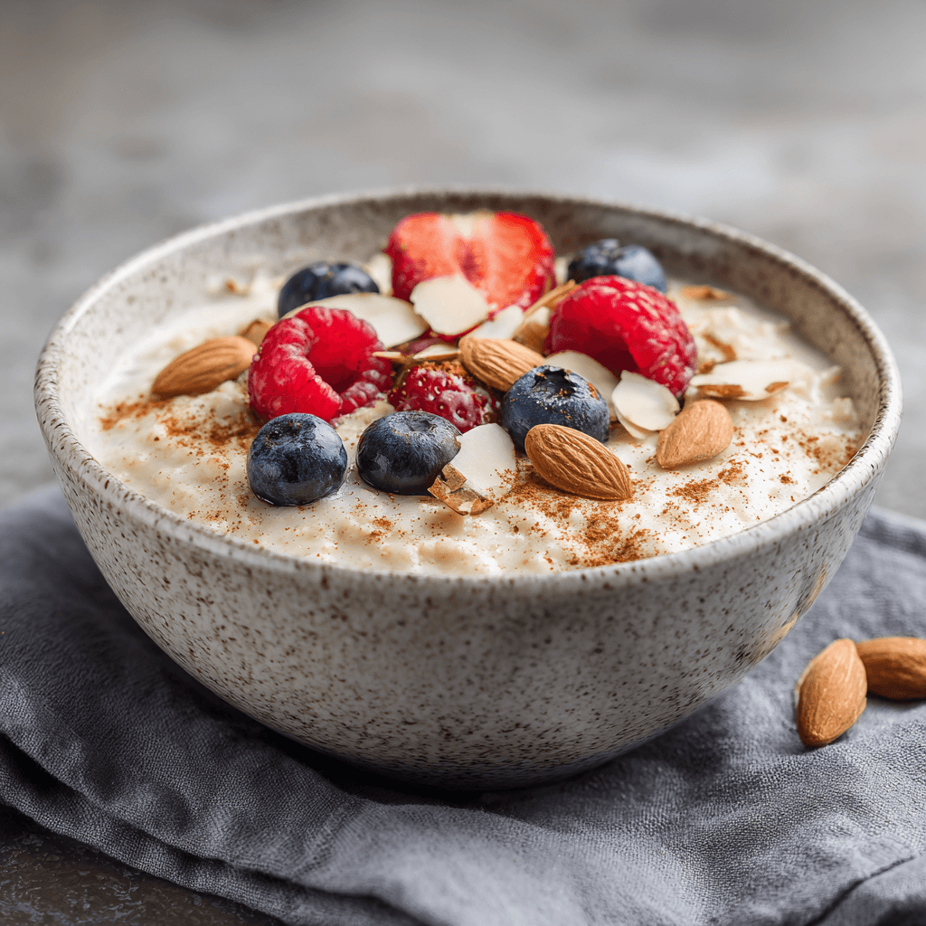 Keto kokos amandel havermout zonder haver in een keramische kom, romige koolhydraatarme ontbijtkom gegarneerd met blauwe bessen frambozen amandelen kokosvlokken en kaneel, gezond keto ontbijt met zachte papstructuur gefotografeerd in natuurlijk licht