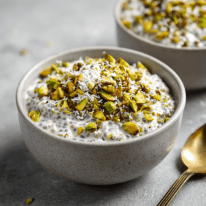 Keto pistache vanille chia bowl in een keramische kom, romige chia pudding gegarneerd met gehakte pistachenoten en geraspte kokos, koolhydraatarm en voedzaam keto ontbijt met zachte textuur gefotografeerd in natuurlijk licht