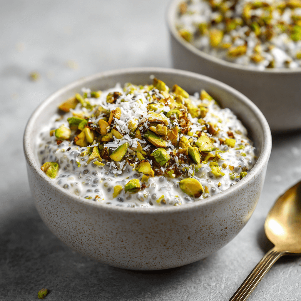 Keto pistache vanille chia bowl in een keramische kom, romige chia pudding gegarneerd met gehakte pistachenoten en geraspte kokos, koolhydraatarm en voedzaam keto ontbijt met zachte textuur gefotografeerd in natuurlijk licht
