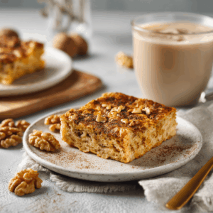 Keto walnoot kaneel ontbijtblokje op een bord, smeuïg koolhydraatarm ontbijtgebak met stukjes walnoot en een kruidige kaneellaag, geserveerd met koffie op de achtergrond, gezond keto ontbijt gefotografeerd in zacht natuurlijk licht