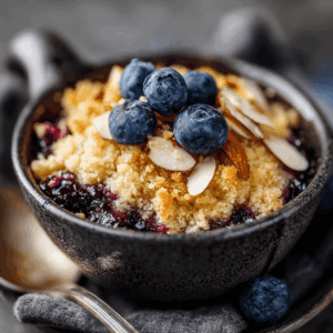 Keto blauwe bessen amandel crumble bowl in een kom, warme koolhydraatarme crumble met sappige blauwe bessen en knapperige amandel topping, gezond keto ontbijt of dessert met rijke textuur en comfort uitstraling gefotografeerd in sfeervol natuurlijk licht