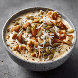 Keto noten crunch bowl in een kom, romige koolhydraatarme basis gegarneerd met amandelen walnoten pompoenpitten en geraspte kokos, voedzaam keto ontbijt of tussendoortje met knapperige textuur en volle nootachtige smaak gefotografeerd in natuurlijk licht