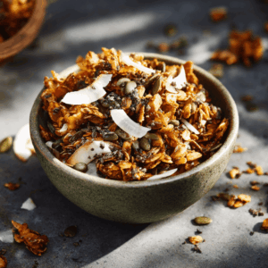 Alt tekst Keto cacao kokos crunch granola in een kom met knapperige clusters van noten zaden cacao en kokosvlokken geserveerd als koolhydraatarm ontbijt of gezonde topping voor yoghurt of smoothie bowls