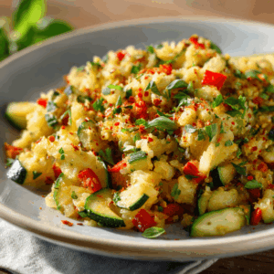 Keto courgette-ontbijthash met verse kruiden, rode paprika en gebakken courgetteblokjes, geserveerd op een bord – koolhydraatarm ontbijtgerecht.