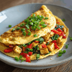 Keto omelet van zijden tofu gevuld met gebakken tofu blokjes, spinazie en rode paprika, gegarneerd met lente-ui, geserveerd op een grijs bord.