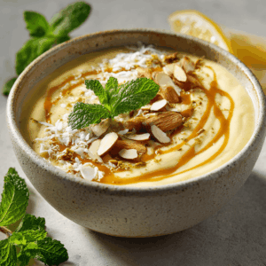 Keto citroen-gember smoothie bowl in een kom, romig van avocado en kokosmelk, gegarneerd met geschaafde amandelen, een drizzle amandelboter, geraspte kokos, citroenzest en verse muntblaadjes.