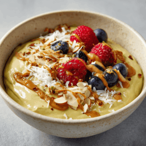 Keto ontbijtcrème in een kom, romig van avocado en cashewnoten, gegarneerd met verse bessen, geschaafde noten, amandelboter en een vleugje kokos, perfect als voedzaam en koolhydraatarm ontbijt.