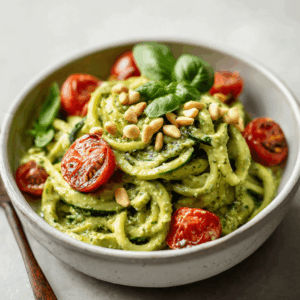 Keto Avocado Pesto Courgette-noedels geserveerd met cherrytomaatjes, gehakte noten en verse basilicum – gezonde koolhydraatarme maaltijd rijk aan vetten en eiwitten, perfect als lichte lunch of diner voor een keto-dieet.