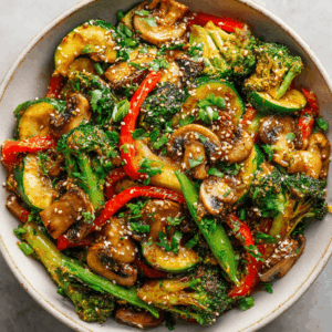 Keto roerbakgerecht met sesam en gember: kleurrijke broccoli, paprika, courgette, sugarsnaps en champignons, gegarneerd met sesamzaadjes, bosui en verse koriander, geserveerd in een kom, gezond, koolhydraatarm en keto-vriendelijk recept