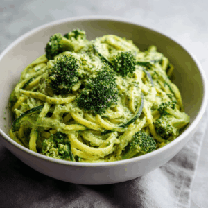 Keto Broccoli Avocado Pesto Pasta met romige avocado pesto, verse courgettenoedels en gestoomde broccoli, een snelle, gezonde en koolhydraatarme maaltijd boordevol smaak, gezonde vetten en vezels, perfect als voedzame lunch of diner