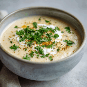 Romige keto geroosterde knoflook bloemkoolsoep geserveerd in een kom, gegarneerd met verse peterselie en vegan kokosroom – een gezonde, koolhydraatarme maaltijd vol smaak, perfect voor een voedzame lunch of diner