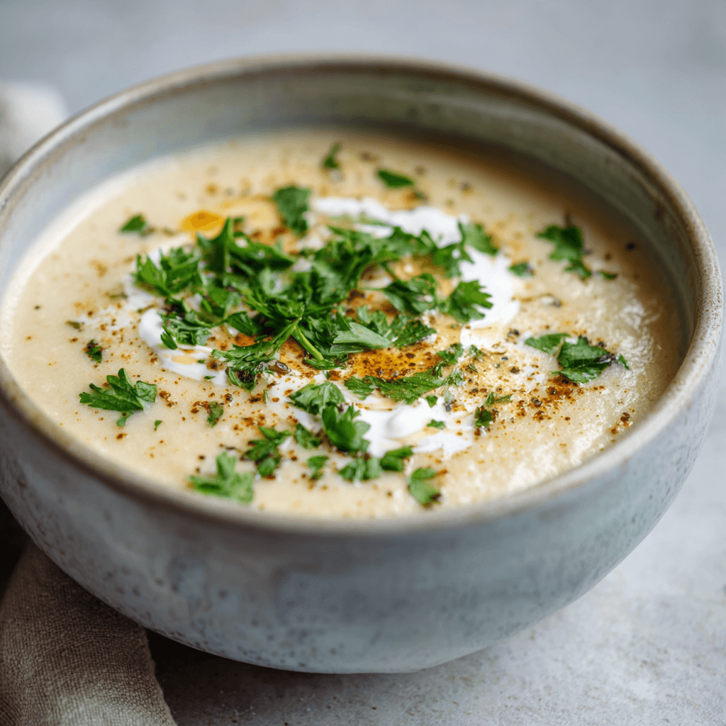 Romige keto geroosterde knoflook bloemkoolsoep geserveerd in een kom, gegarneerd met verse peterselie en vegan kokosroom – een gezonde, koolhydraatarme maaltijd vol smaak, perfect voor een voedzame lunch of diner