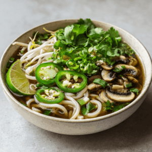 Keto Cauliflower Noodle Pho met romige groentebouillon, bloemkoolnoedels, verse koriander, taugé, champignons en jalapeño – een gezonde, koolhydraatarme maaltijd boordevol smaak en voedzame groenten, perfect voor een lichte en verzadigende keto-soep.