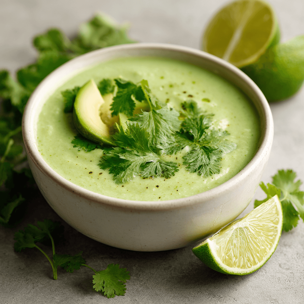 Kom met romige Keto Courgette-Limoen Gazpacho, een gezonde, koolhydraatarme gazpacho met verse courgette, komkommer, paprika en limoensap, gegarneerd met avocado en koriander, ideaal als verfrissende lunch of voorgerecht voor een gezonde, low-carb maaltijd.