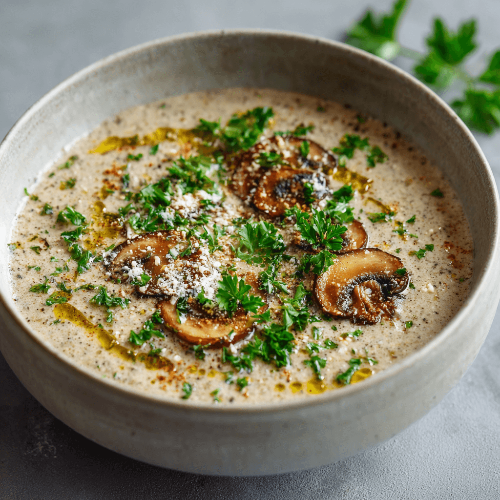 Keto romige cashew-champignonsoep in een kom, gemaakt met verse champignons, cashewroom en kokosmelk, laag in koolhydraten, vegan en perfect als verwarmende comfort food soep.