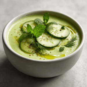 Keto avocado komkommer zomersoep in een kom, romig en lichtgroen, gegarneerd met verse dille, munt en komkommerschijfjes. Gezonde, low-carb en keto-vriendelijke zomersoep vol gezonde vetten en verse kruiden, ideaal voor een lichte maaltijd of keto-dieet.