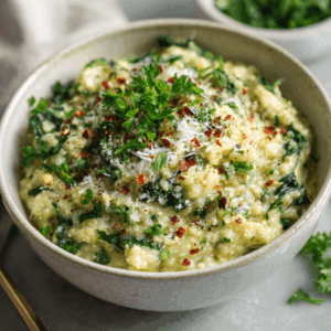 Keto bloemkool-spinazie risotto, een koolhydraatarme risotto gemaakt van bloemkoolrijst en spinazie, romig en hartig van smaak
