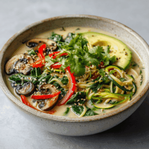 Kom met romige kokosgroentesoep met courgetteslierten, champignons, paprika, spinazie en broccoli, afgewerkt met blokjes avocado, sesamzaad en verse koriander.