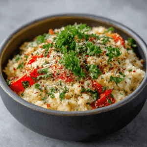 Keto geroosterde paprika risotto, een koolhydraatarme risotto met geroosterde paprika, romig en hartig van smaak.