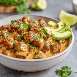 Keto Kokos-Chili Tempeh bowl met krokante tempeh, romige kokos-chilisaus, avocado, verse koriander en limoen – koolhydraatarm, voedzaam en smaakvol