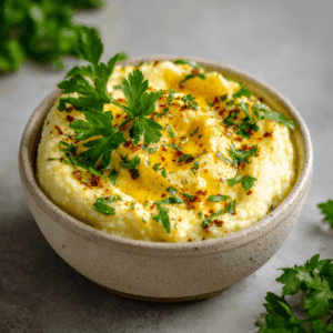 keto bloemkoolpuree in een kom met garnering