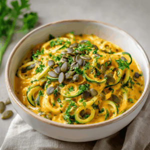 Keto Pompoen Zoodle Bowl met romige pompoensaus, courgettenoodles, amandelboter en geroosterde pompoenpitten, rijk aan gezonde vetten en laag in koolhydraten – koolhydraatarm en voedzaam bijgerecht.