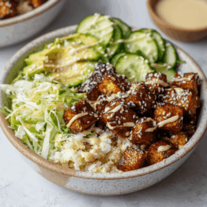 keto tempeh met komkommer en salade in een kom